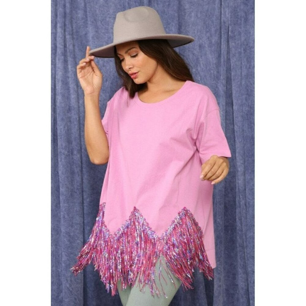Here for the Fringe Chevron Sequin Top in Lavender - Picture 5 of 10